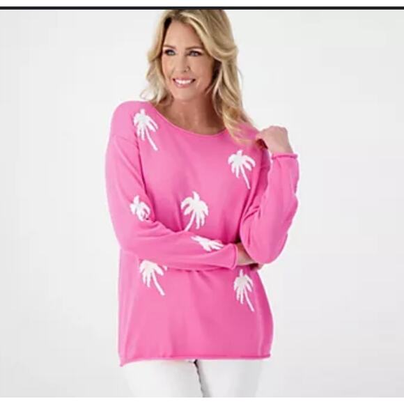 Belle Beach Pink Palm Tree Summer Sweater Pink NWOT - M - Picture 1 of 6